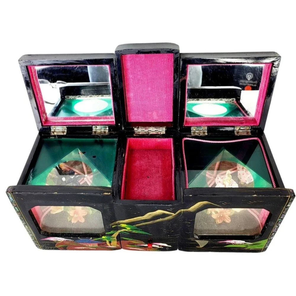 Vintage 1940s Dual Musical Mirrored Jewelry Box Dancing Ballerina & Tuxedo Man